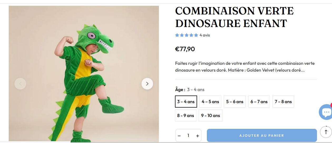 Fiche produit Combinaison Dinosaure Enfant — Shopify SEO