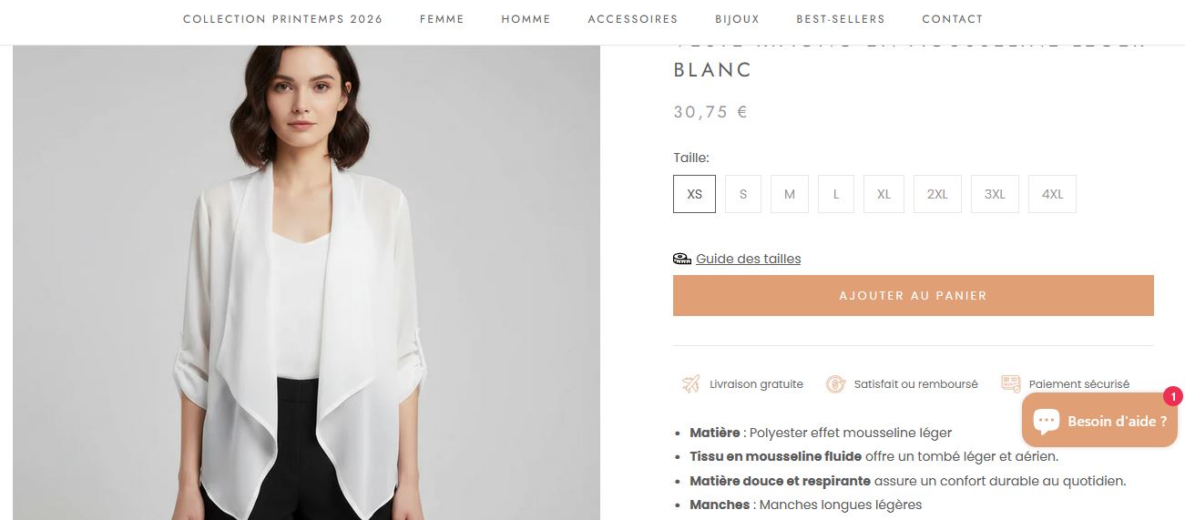 Fiche produit Veste Kimono en Mousseline — Shopify SEO